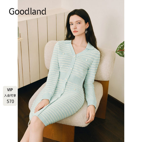 Goodland美地2024年冬新款气质v领法式花纱小香风针织连衣裙修身