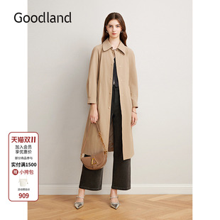 驼色单排扣系带收腰风衣外套长款 新款 2025年春季 Goodland美地女装