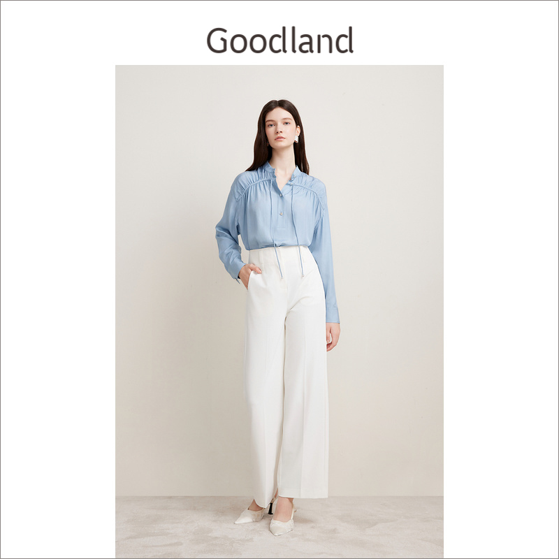 Goodland美地女装春季气质浅蓝色系带醋酸衬衫宽松法式长袖上衣