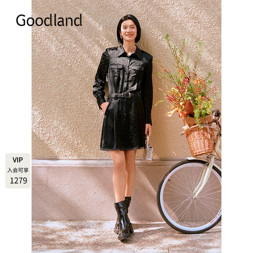 Goodland美地女装2025秋新款波点提花醋酸衬衫连衣裙LC35305300