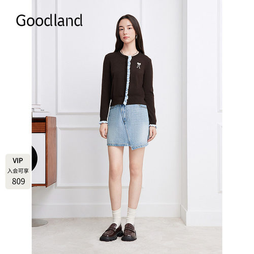 Goodland美地美拉德风撞色木耳边针织开衫2026秋季新款LC36306180