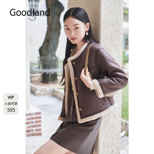 Goodland美地女装2024年冬季新款环保仿皮毛一体羊剪绒短外套女
