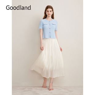 Goodland美地女装 流光缎面感半身裙弹力腰压褶a字裙 2025夏季 新款