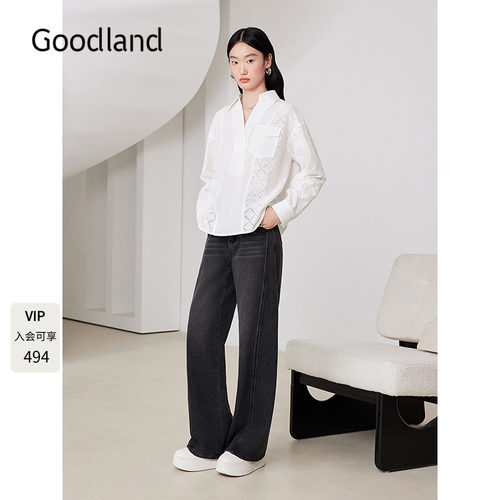 Goodland美地【蒋依依同款】法式镂空刺绣长袖衬衫秋款LC35370010