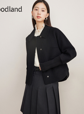 Goodland美地拼接针织袖羊毛羊绒翻领短款大衣外套女LC34510180