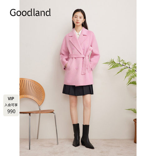 Goodland美地女装冬季粉色腰带羊毛羊驼毛大衣外套中款LC34580130