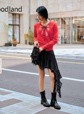 Goodland美地绵羊毛蝴蝶结印花针织开衫女2025冬新品LC35506290