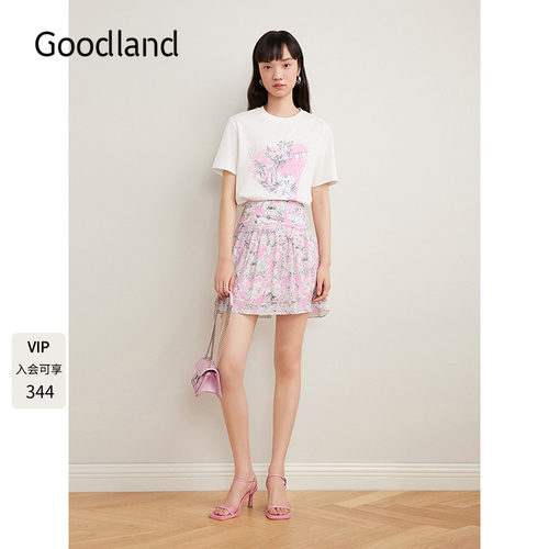 Goodland美地女装2025夏季新款法式手绘印花a字半身裙短裙