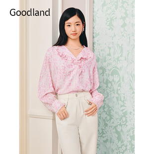 上衣LC35370050 Goodland美地女装 2025秋新款 法式 粉色印花真丝衬衫