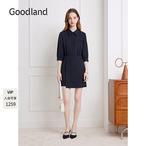 Goodland美地女装2025秋季新款气质假两件衬衫式连衣裙LC35305210