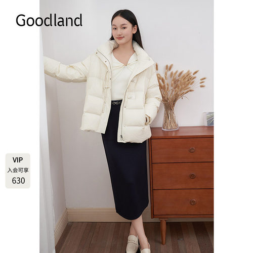 Goodland美地女装2024年冬新款鸭绒立领连帽新中式盘扣羽绒服短款