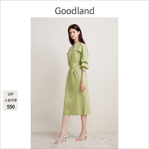 Goodland美地春季开衩小立领莱赛尔衬衫连衣裙