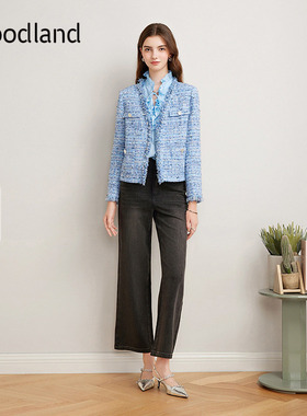 Goodland美地蓝色气质V领法式小香风短外套花纱/半身裙LC35110070