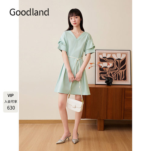 Goodland美地女装2025秋季新款醋酸v领短袖连衣裙LC35305250