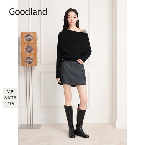 Goodland美地羊毛羊绒混纺斜肩针织衫上衣女2025冬新款LC35506500