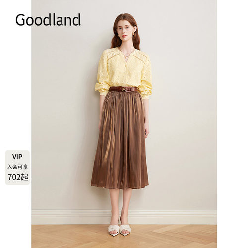 Goodland美地法式流光显瘦百褶裙松紧腰半身裙女夏季LC35250320