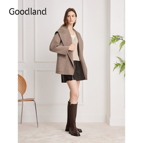 Goodland美地羊毛驼绒连帽大衣外套女2025冬季新款LC35580340