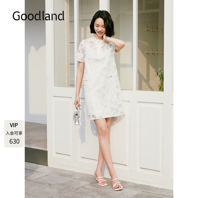 Goodland美地白色法式刺绣蕾丝连衣裙女夏季短款LC35205400图片