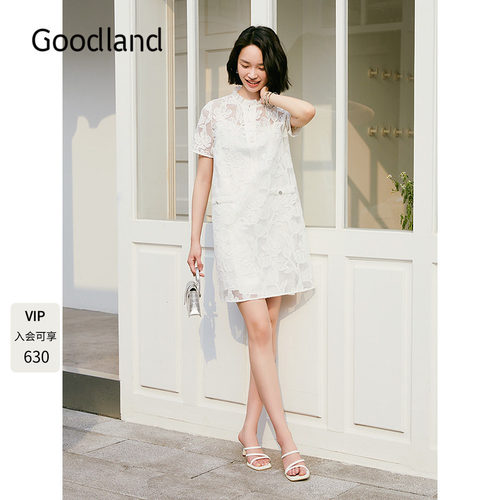 Goodland美地白色法式刺绣蕾丝连衣裙女夏季短款LC35205400