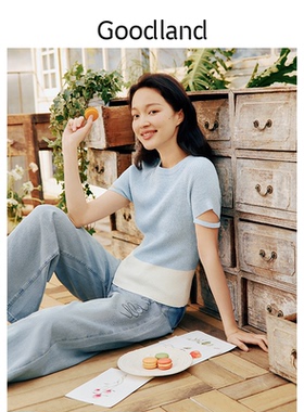 Goodland美地浅蓝色圆领针织短袖上衣女夏季薄款LC34206570