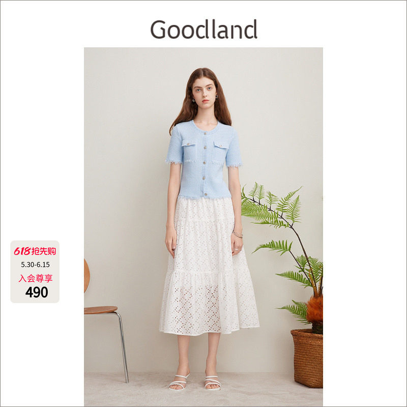 Goodland美地法式镂空刺绣半身裙