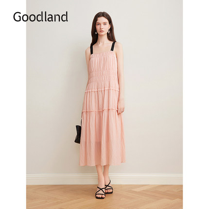 Goodland美地女装2025夏季新款西柚色泡泡纱吊带连衣裙长款度假风