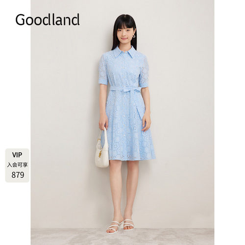 Goodland美地蓝色镂空法式蕾丝连衣裙女夏季收腰衬衫裙LC34305160