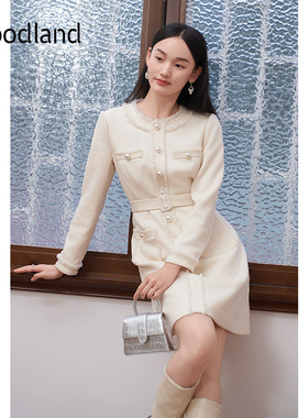 Goodland美地女装法式花纱小香风连衣裙收腰显瘦腰带LC34505140