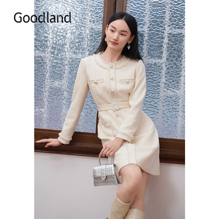 Goodland美地女装 花纱小香风连衣裙收腰显瘦腰带LC34505140 法式