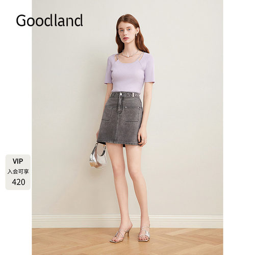 Goodland美地链条苎麻短袖针织衫上衣女夏季薄款LC35206800