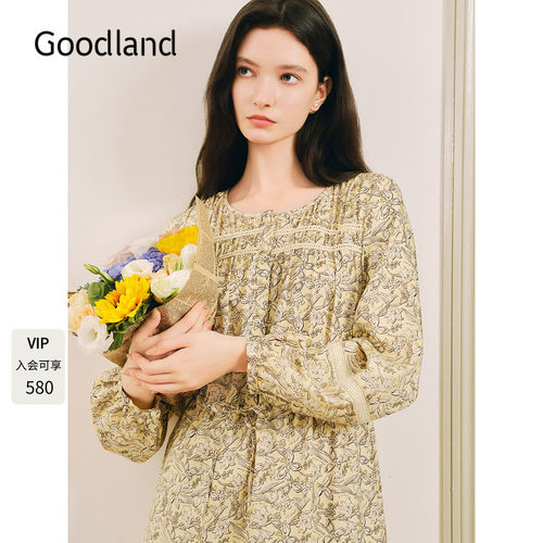 Goodland美地女装春季法式碎花连衣裙短款收腰a字裙