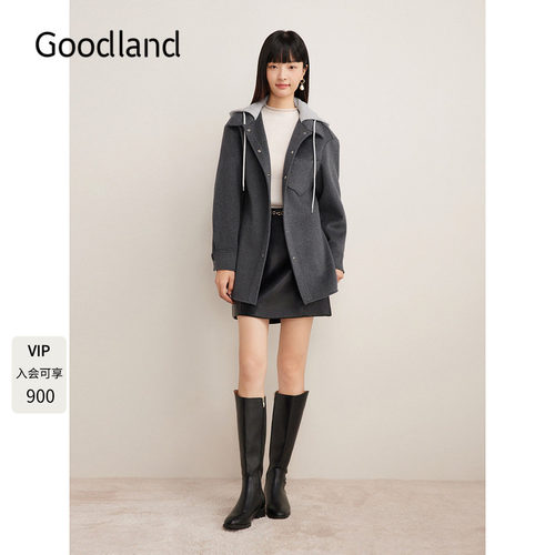 Goodland美地2024年冬季新款绵羊毛混纺假两件连帽休闲外套女