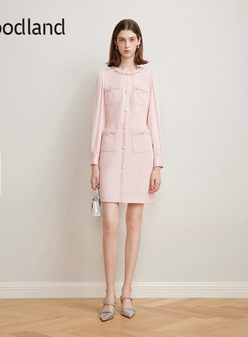 Goodland美地女装浅粉色法式气质收腰小香风连衣裙秋季LC35105340