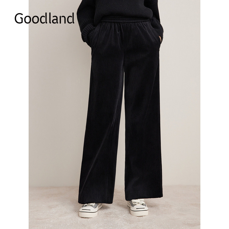 Goodland美地丝绒阔腿裤女弹力腰显瘦百搭休闲长裤LC34520010