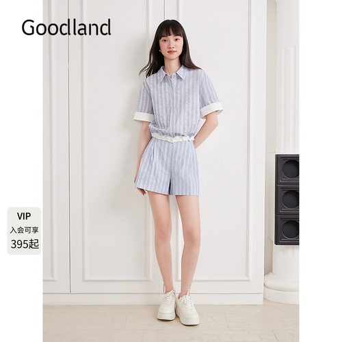 Goodland美地休闲风烫钻条纹短袖衬衫女/短裤夏季LC35330070