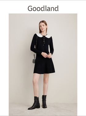 Goodland美地女装羊毛混纺法式娃娃领收腰假两件针织连衣裙短款
