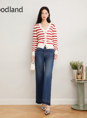 Goodland美地女装2025年春季新款红色条纹v领针织开衫法式短上衣
