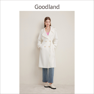 气质醋酸混纺双排扣白色风衣外套女长款 春秋季 Goodland美地女装