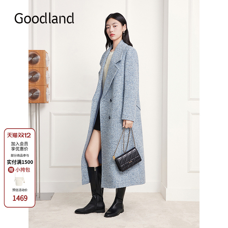 Goodland美地法式羊毛西装领大衣外套女长款2025冬新品LC35580260