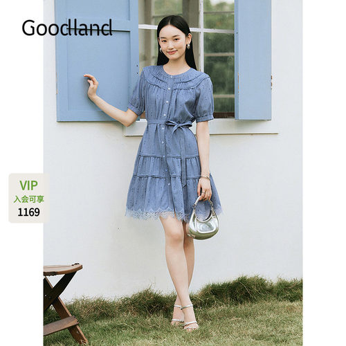 Goodland美地女装2025夏季新款法式蕾丝花边短袖连衣裙宽松a字裙