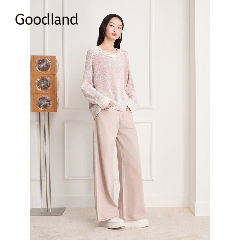 Goodland美地女装赛络纱香芋粉直筒牛仔裤2025冬季新款LC35520130
