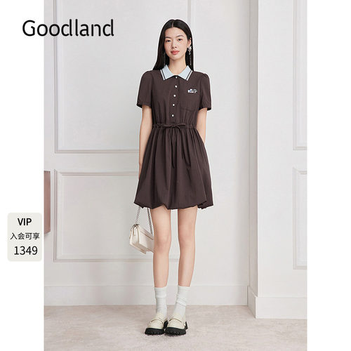 Goodland美地法式翻领连衣裙女夏季2026新款收腰a字裙LC36205090
