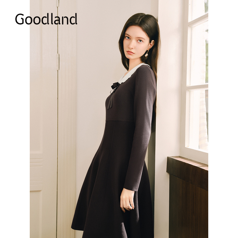 Goodland美地女装法式娃娃领收腰a字针织连衣裙秋冬季LC34506067