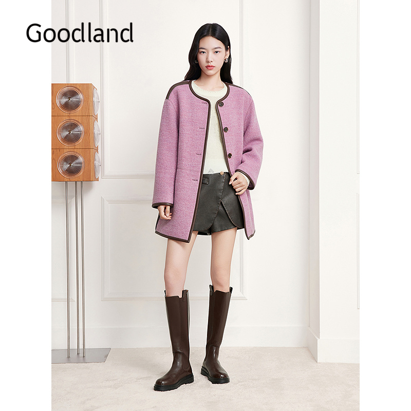 Goodland美地100绵羊毛圆领落肩大衣外套女2025冬新款LC35580140