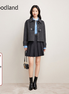 Goodland美地灰色牛角扣翻领大衣外套女短款羊毛羊驼毛LC34510210