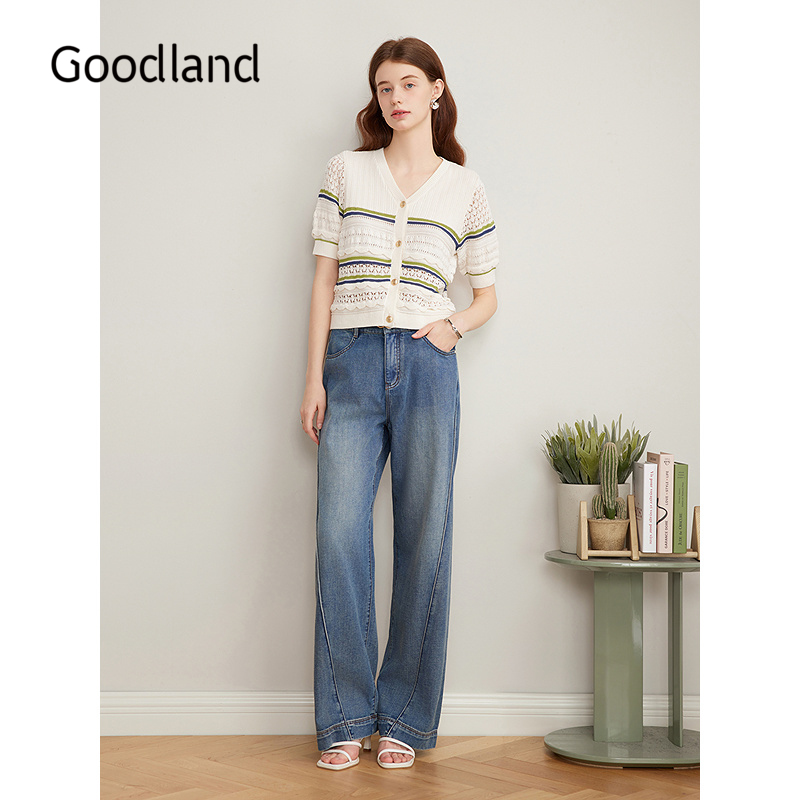Goodland美地女装2025夏季新品小香风法式钩花短袖针织开衫薄款