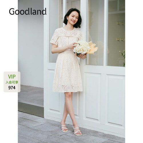 Goodland美地米白色镂空蕾丝法式连衣裙女夏季收腰a字LC35205820