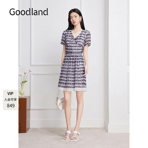 Goodland美地撞色格纹蝴蝶结收腰连衣裙2026夏季新款LC36205200