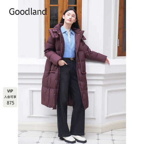 Goodland美地2024年冬季新款白鸭绒宽松立领连帽羽绒服女长款