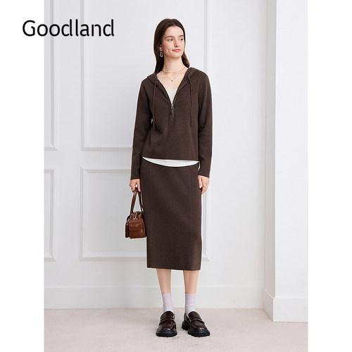 Goodland美地2026秋季新款通勤慵懒风连帽针织衫/抽绳后开叉半裙
